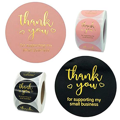 Dank u Sticker Labels Seals, maxin 2 Rollen Dank U Stickers 1.5 Inch Rond Bedankt voor het ondersteunen van mijn kleine zakelijke Sticker met gouden lettertype (roze+zwart)