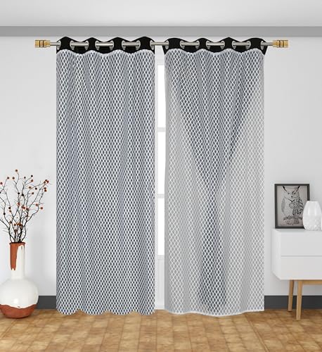 Image of IVAZA Faux Silk Hybrid Designer 100% Blackout Curtain 2-in-1 |Dual-Layer Design with Decorative Mesh Overlay & Tie Ribbon|100% Light Blocking,Thermal Insulated, Door- 7 Feet (Pack of 1) Black