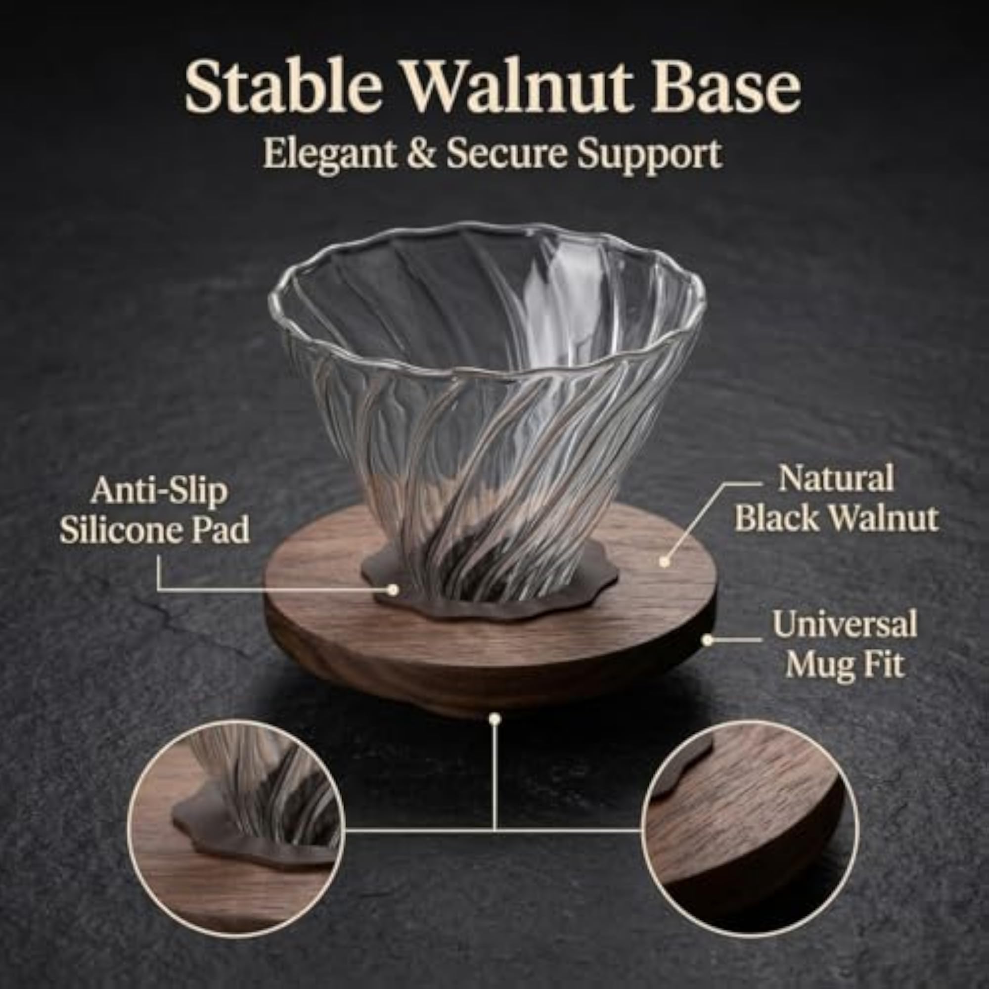 V60 Coffee Dripper for 1-2 Cups with Walnut Base