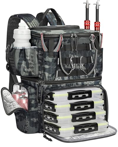 MATEIN Sac de Pêche avec 4 Boite de Rangement & Porte-Canne, Étanche Sac a Dos Peche avec Boussole Sûre & Compartiment Isotherme, Caisse de Peche pour Matériel de Pêche, Cadeau Pecheur, Camouflage