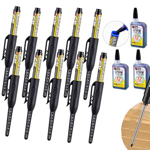 JOMPENS Juego de 10 marcadores de punta larga de 45 mm + 3 cartuchos de tinta, perfectos para marcas profesionales de agujeros profundos y de ingeniería, tonos negros, azules y rojos, herramienta de