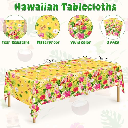 Image of QZYL 3 PCS Hawaiian Table Cloths, 54 x 108 Inches Luau Tablecloths, Disposable Aloha Party Decorations with Summer Flamingo Palm Leaves, Plastic Luau Party Supplies Tropical Decorations for Tiki Bar