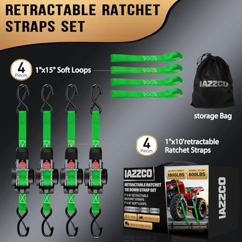 Image of Retractable Ratchet Straps (4-Pack) - 1 in x 10 Ft (1800 LB Break Strength) Heavy Duty Self Retracting Ratchet Straps with Soft Loops & Storage Bag for Household, Motorcycle, Truck, ATV(Green)