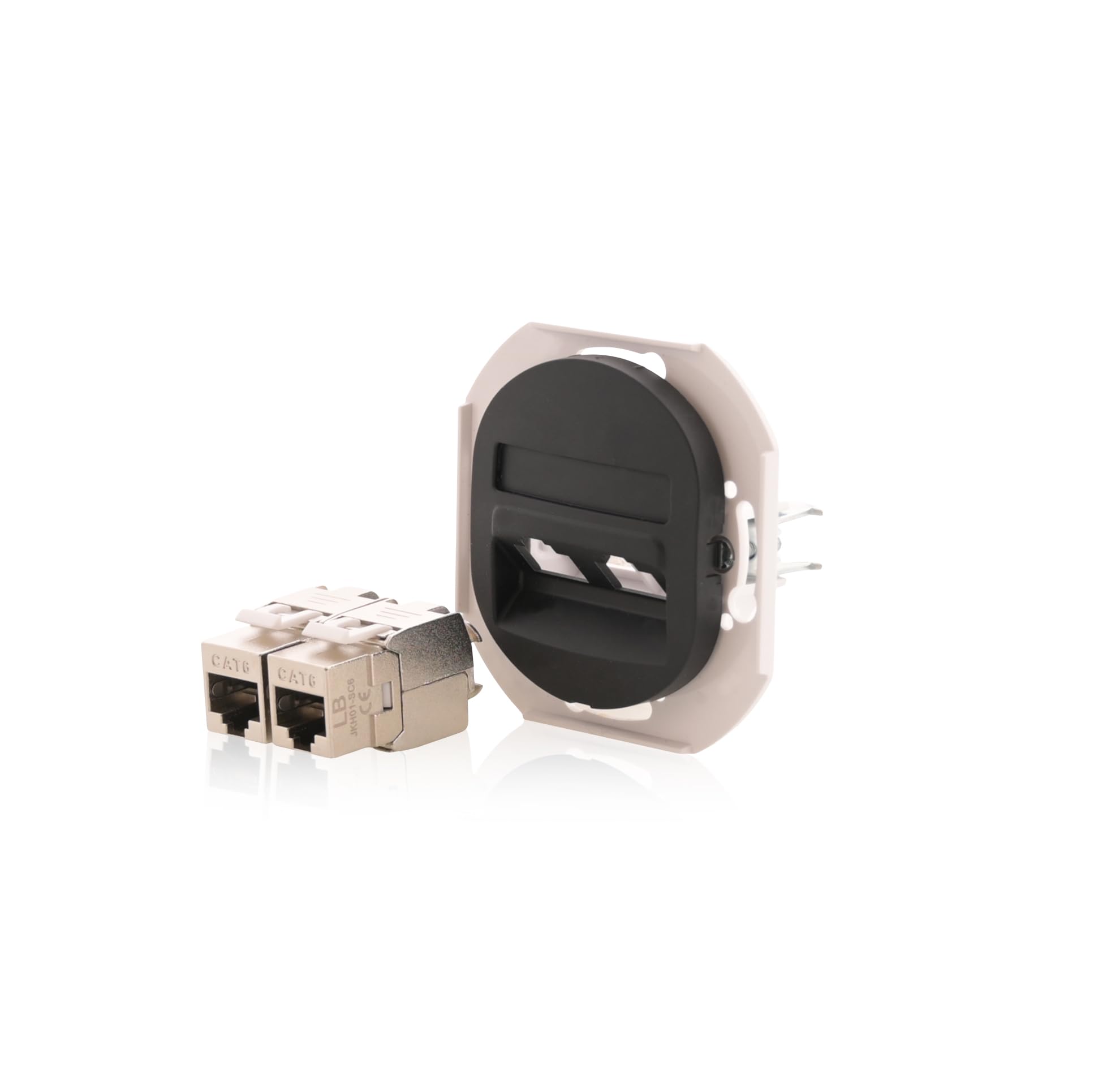 3x Datenbuchse Set Schwarz 2xRJ45 Cat 6 FTP Ø 60mm & 3er Rahmen Anthrazit/Schwarz 80x222mm horizontal