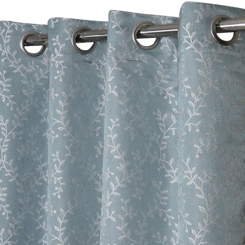 Image of STITCHNEST Leaf Vine Jacquard Door Curtain - Blue, 7 Feet, Grommet Top - Pack of 2 Elegant Curtain Panel for Living Room & Bedroom