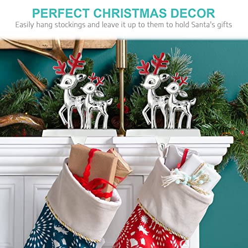 Mulbozy Reindeer Stocking Holder Set Of 2, Cute Deer Stocking Holders For Mantel Decor, Silver Metal Christmas Stocking Holder With Non-Slip, For Fireplace, Tv Stand Decoration #TOP4