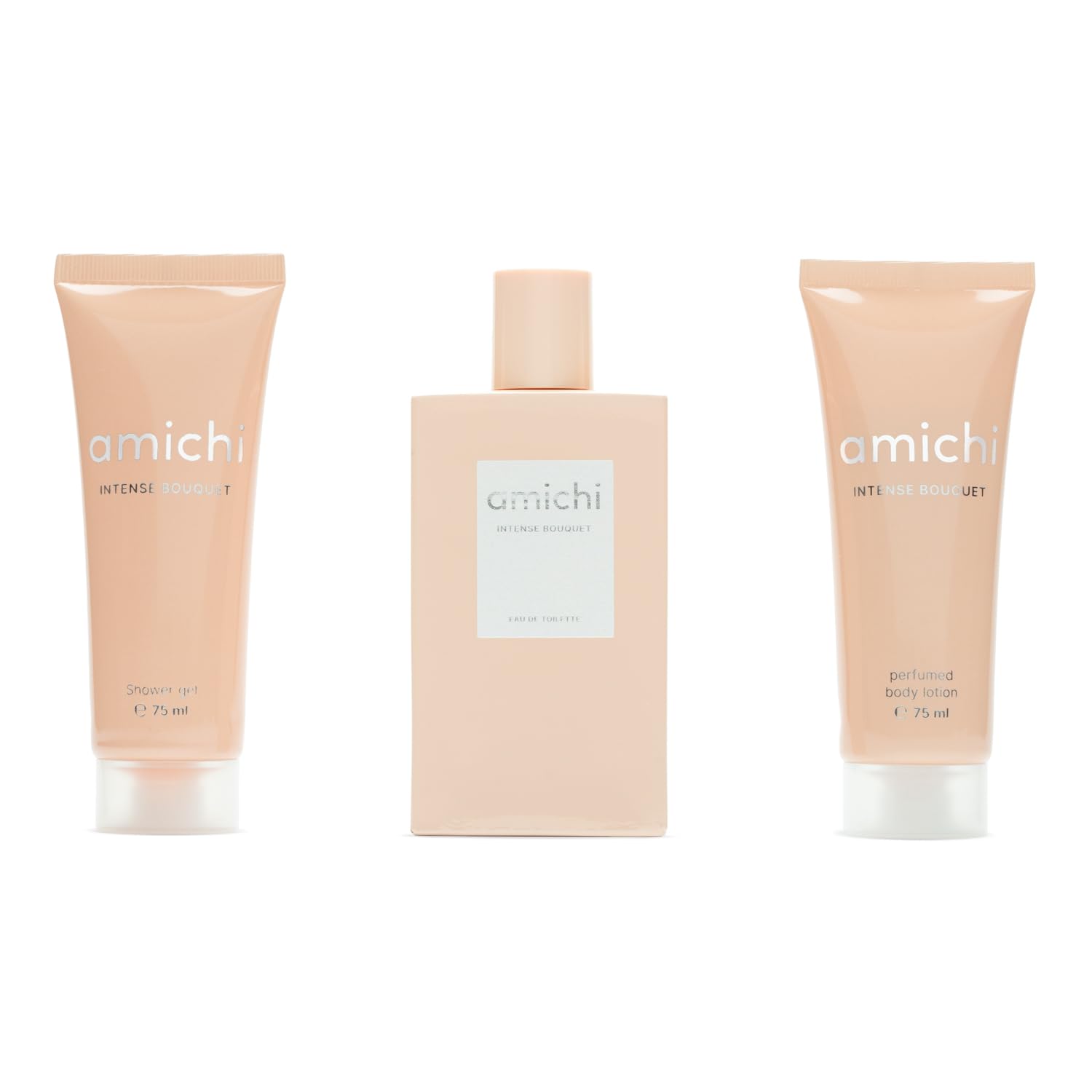 AMICHI - Intense Bouquet, Estuche de Regalo Mujer, Colonia 75 ml + Gel de Baño 75 ml + Loción Corporal 75 ml, Eau de Toilette Femenina, Fragancia Dulce y Floral, Aroma Intenso de Larga Duración
