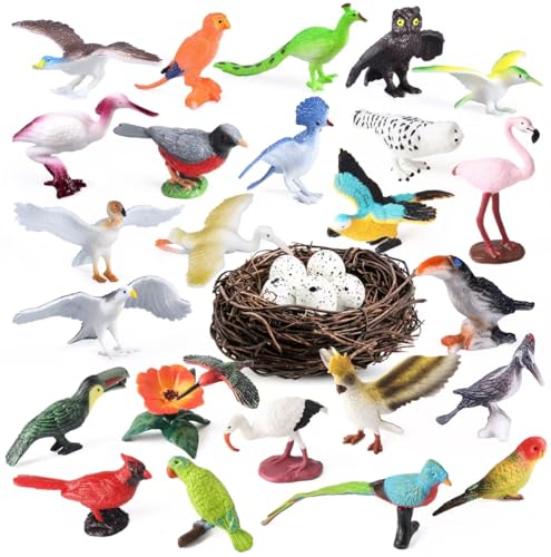 30Pcs Birds Animal Figures Playset,Assorted Realistic Bird Wildlife Toys with Nest Eggs,Parrot,Owl,Eagle,Hummingbird,Flamingo for Kids Educational Birthday Cake Decoration Party Favor School Projects