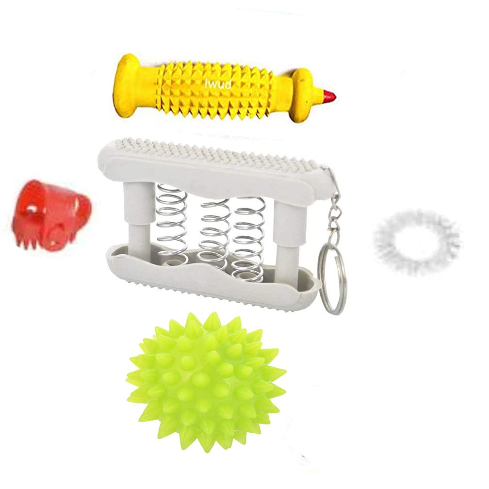 Iwud Hands Acupressure Pocket Hand Exerciser Combo with Spiked Ball, Wooden Hand Roll (Yellow) for Hands and fingers Acupuncture Tools