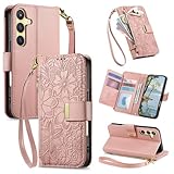 VEEMOS Handyhülle für Samsung Galaxy S24 PU Leder Klappbar Handytasche Schutzhülle Standfunktion Klapphülle mit Kartenfach Geldbörse Reißverschluss Handy Tasche Muster Cover Flip Case - Rosa