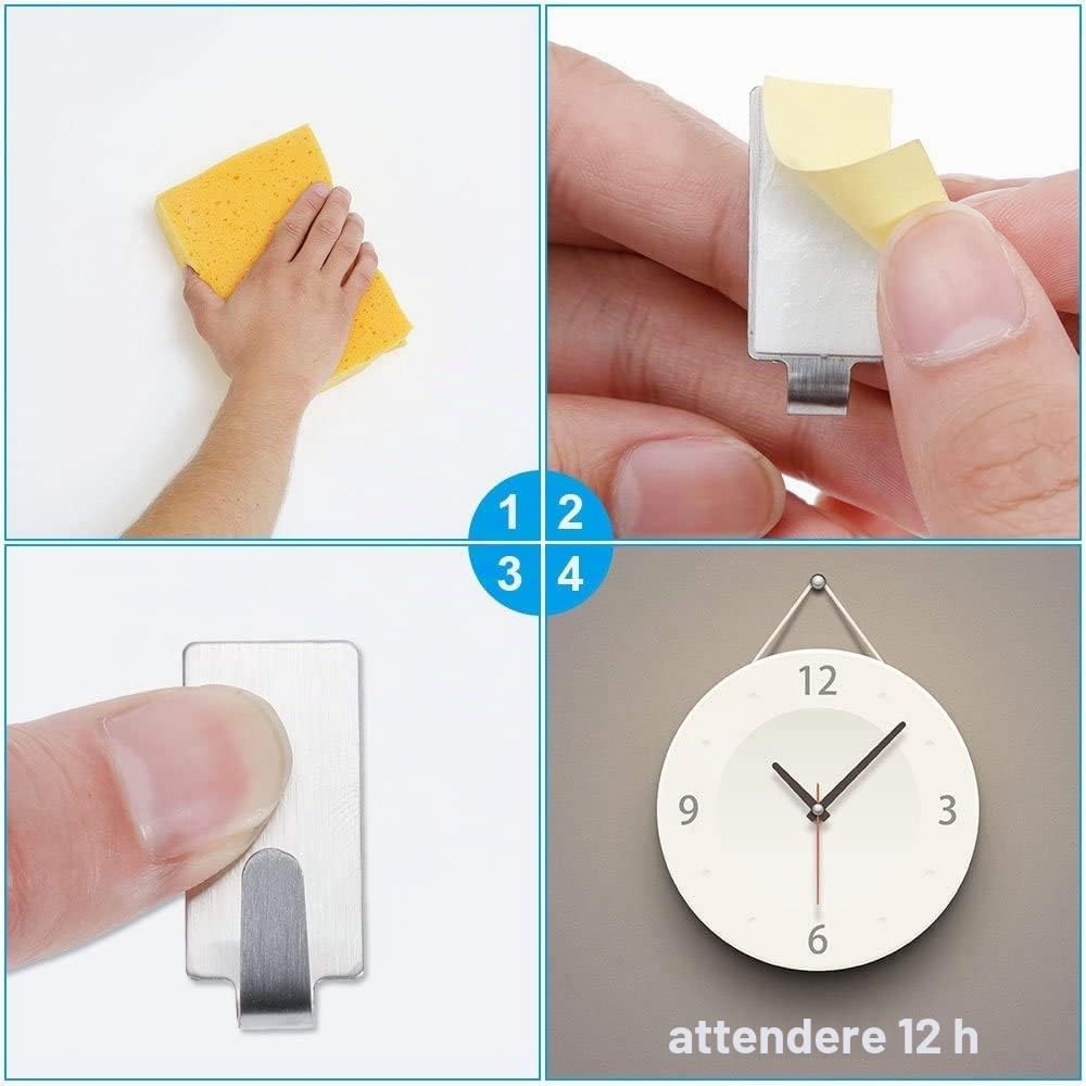 Faburo 12 Pezzi Ganci Adesivi da Parete, Appendini Adesivi per Cucina Bagno Senza Perforazione in Acciaio Inossidabile, Appendiabiti, Ganci per Asciugamano e Accappatoio.