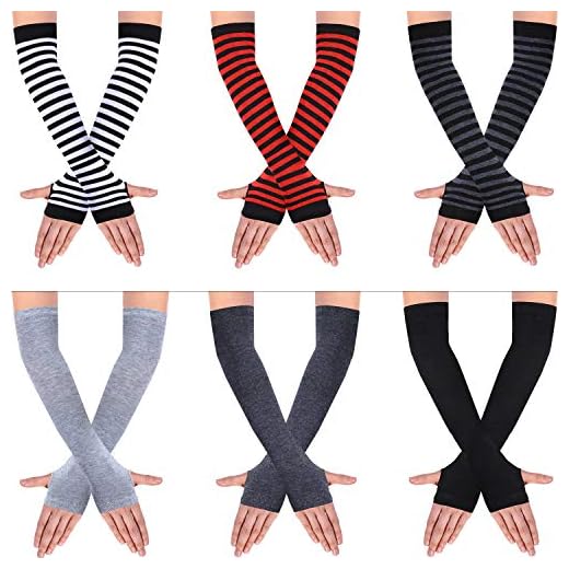 SATINIOR 6 Pairs Long Fingerless Gloves for Women Knit Thigh High Striped Arm Warmer Punk Gothic Rock Thumb Hole Stretchy Gloves Gothic Clothes (Multi-color)