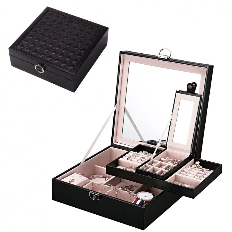 TheSmartStyle Jewelry Velvet Box Bracelet Ring Organizer with Key Lock Big Mirror, Necklace Watch Eyeware Storage PU Leather Case Stud Brooch Earring Holder for Women Girl Lady Teen Gift (Black)