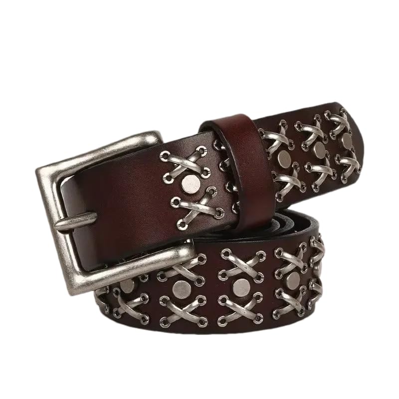 Pohullan Men 3.8cm Leather Punk Belt Metal Rivet Jeans Belts Retro Gothic Rivet Belt