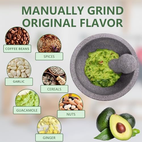 Luvan Large Mortar and Pestle Set,4 Cups Unpolished Granite Natural Stone Grinder Bowl for Molcajete Guacamole Bowl Crushing/Mexicano Guacamole,Spices Grinder,Herb Crusher,Salsa Pesto-8IN/Gray - Thumbnail 5