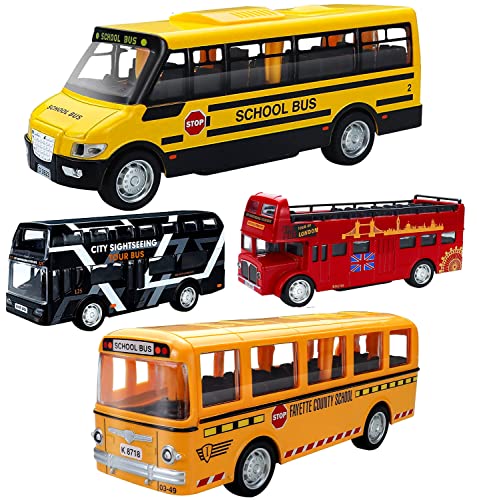 Corper Toys Bus Toys Die Cast Metal Toy Cars Pull Back School Bus Double Decker London Vehicles Friction Powered City Sightseeing Tour Bus Play Vehicle Toy Set For Kids 4 Pack #TOP10