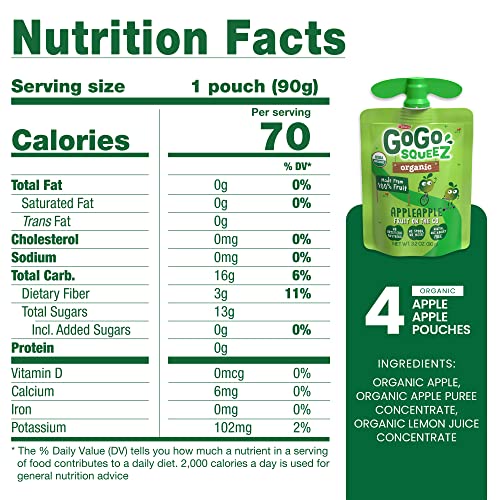 Gogo Squeez Fruit On The Go Organic, Apple Apple, 3.2 Oz (Pack Of 4), Unsweetened Organic Fruit Snacks For Kids, Gluten Free, Nut Free And Dairy Free, Recloseable Cap, Bpa Free Pouches #TOP1