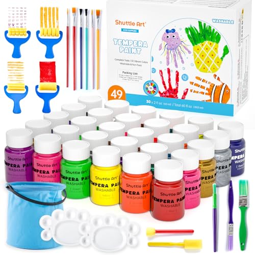 Shuttle Art Tempera Paint, 30 Colors (2 fl oz) Washable Paint for Kids with Glitter Metallic Neon Colors, Non-toxic Finger Painting for Toddlers