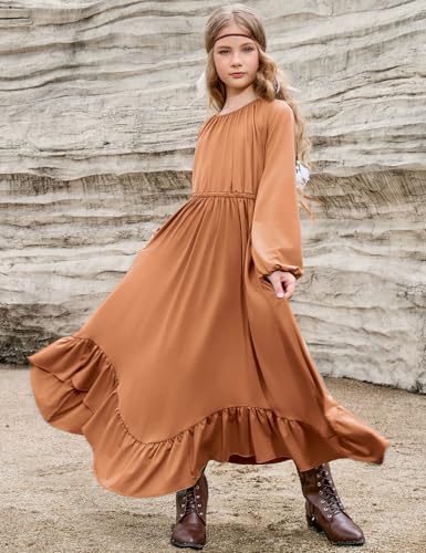 Jxstar Girls Boho Dress Casual Long Sleeve Maxi Dresses Crew Neck Ruffle Flowy Swing Long Dress with Pockets2