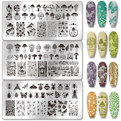 PH PandaHall 3pcs Mushrooms Patterns Nail Stamping Plates Insect Theme Nail Art Stencils Plants Leaves Manicure Art Templates Butterflies Flower Nails Image Plates for Women Manicures DIY Design Print