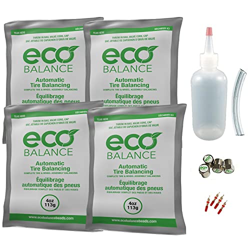 ECO Balance EDIY-4 Do It Yourself Tire/Wheel Balancing Beads Kit - Automotive, SUV, Light Truck Tires, (4) 4oz DIY Bead Bags, (4) Valve Caps and Cores, (1) Core Remover, Injector Bottle