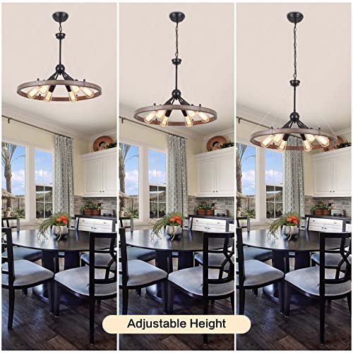 Wtyuio 6 Lights Farmhouse Round Wagon Wheel Chandeliers For Dining Room Diam 23.62'', Rustic Metal Hanging Pendant Light Fixture For Living Room Entryway Kitchen Island, Vintage Wood Grain Finishe #TOP4