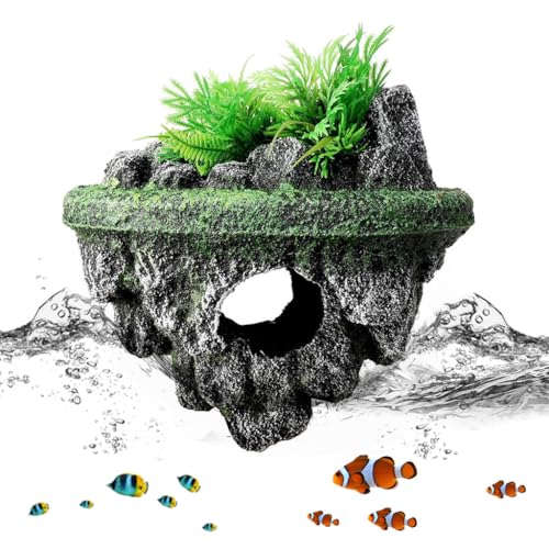 Image of Qpets Floating Betta Fish Tank Decor, Miniature Resin Toys Fish Aquarium Tank Decorative, Rocky Island Ornament Decor Thematic Ornaments with Hiding Cave & Realistic Green Foliage (13x9cm)