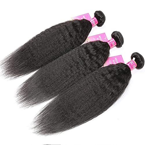 Mei You 9A Kinky Straight Hair 3 Bundles Yaki Human Hair Weave Unprocessed Brazilian Virgin Remy Sew In Hair Extensions Natural Black (18 20 22) #TOP6