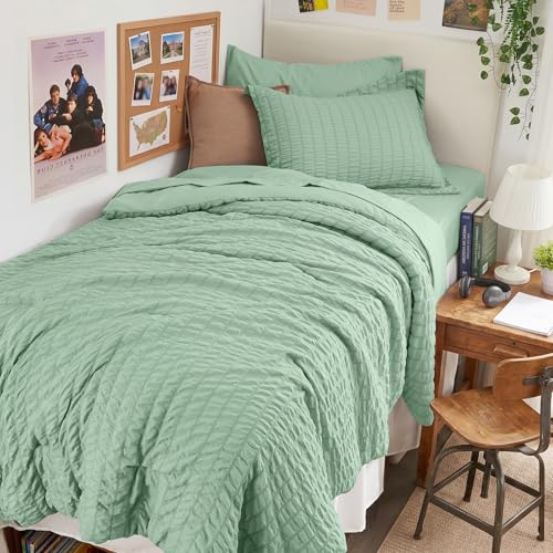 Image of HYMOKEGE Sage Green Twin XL Comforter Set Seersucker 5 Pieces, All Season Luxury Bed in a Bag for Bedroom, Bedding Set with Comforter, Sheets, Pillowcase & Sham