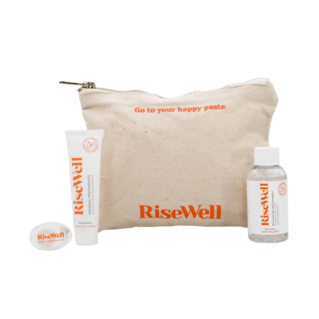 RiseWell Travel Dental Kit - Hygiene Essentials Includes Mineral Toothpaste, pH Balancing Travel Mouthwash, Natural Dental Floss & Reusable Canvas Tote - TSA Approved - Dentist Made Oral Care Kit
