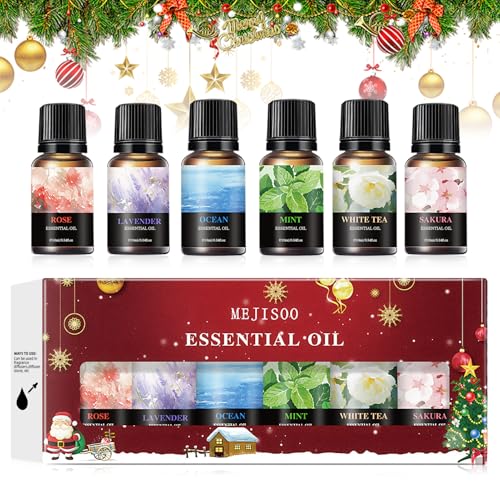 6 x 10ML Navidad Aceites Esenciales para Humidificador, Natural Aromaterapia Aceites Aromáticos Set, aceites Esenciales para Difusor, Rosa, Lavanda, Océano, Menta, Té Blanco, Flor de Cerezo