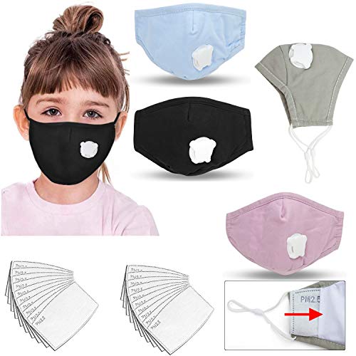 Freefa - Bandanas para niños (4 unidades, lavable, ajustable, con válvula de respiración y filtros de carbón activado de cinco capas, reemplazables, para la salud de la cara, para niños