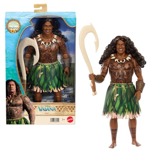 Mattel Disney Poupée Demi-Dieu Maui Vaiana avec Tenue Amovible, Cheveux bouclés, hameçon et 3 Accessoires, articulée et à Collectionner, inspirée du Film...