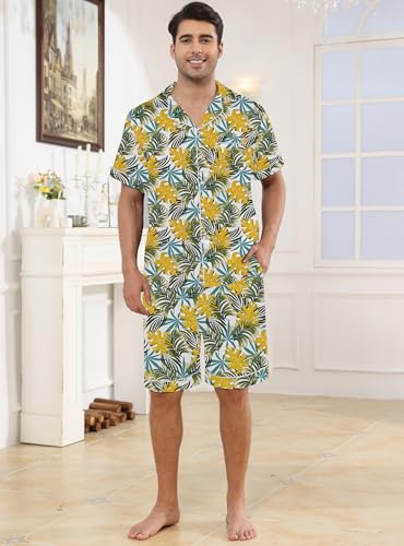 Image of Veseacky Mens Silk Satin Pajamas Set Short Sleeve Sleepwear Button-Down Pjs Sets Two-Pieces Loungewear with Pockets S-XXL