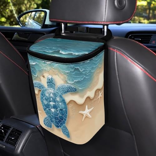 Image of Talayituse Turtle Starfish Beach Print Car Trash Can Portable Auto Garbage Bin Multifunctional Vehicle Interior Accessories with Adjustable Straps Universal Fit Truck SUV Sedan