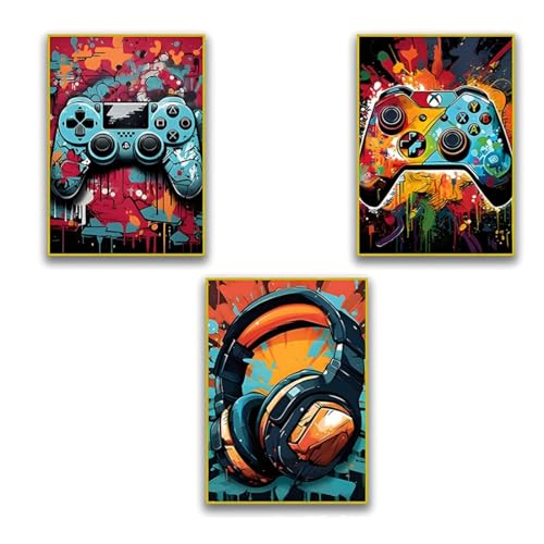 JYNXOR 3 Pièces Impressions D'Art Mural De Jeu Graffiti Avec Casque D'éCouteurs, Affiches VidéO Cool Pour Chambre D'Adolescent, GarçOn, Dortoir, DéCoration De Salle De Jeux, 20 X 30 Cm, Sans