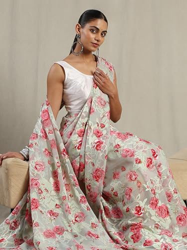 Image of Garden Vareli Summer Roganza Viscose Brasso Floral Print Saree with Unstitched Blouse Piece
