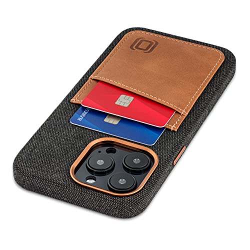Image of Dockem iPhone 14 Pro Max Fabric Card Case with Built-in Metal Plate for Magnetic Mounting, Stitched-on Genuine Leather Wallet with 2 Credit Card /ID Slots: M2F 14 Pro Max [Grey w /Light Brown]