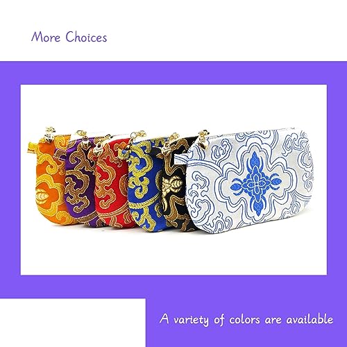 Image of Exquisite Handmade Silk Zipper Jewelry Pouch with Wristlet Strap | Women's Coin Purse Brocade Wallet for Makeup and Gifts, White