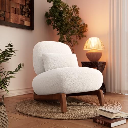 Image of Modern Upholstered Lounge Chair | Premium Fabric Accent Chair with Solid Wooden Legs | Comfortable Single Seater for Living Room, Bedroom & Office (White)