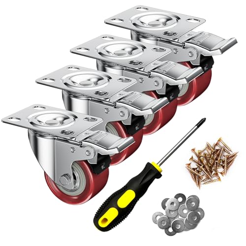 2 Inch Caster Wheels, Casters Set of 4, ASHGOOB Red Polyurethane (PU) Casters with Brake Heavy Duty, Industrial Locking Swivel Top Plate Castor Wheels for Workbench/Furniture/Cart