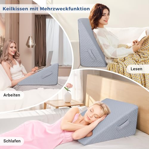 INFANZIA Vielseitig Keilkissen für Bett und Sofa-Hochdichteschaum Lesekissen-Ergonomischer Bettkeil für Reflux Schlafapnoe, Bücherkissen für Beinhochlagerung, Perfekt Rückenkissen beim Lesen (Grau)