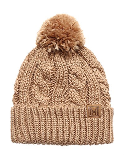 MIRMARU Winter Oversized Solid Color Cable Knitted Pom Pom Beanie Hat with Fleece Lining.(Khaki)