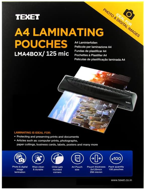 Texet A4 Laminating Pouches 125 Microns, Pack of 100, Clear Glossy Quality, Perfect Document & Certificate Protection Using Laminator, Thermal Lamination Film, Waterproof