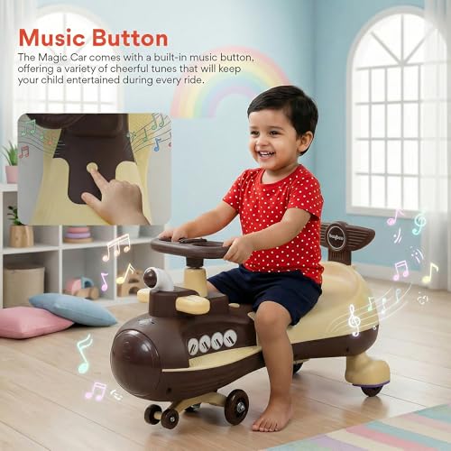 Image of Baybee Diver Baby Swing Cars for Kids | Indoor Wiggle Push Baby car with Floor Lights | Twister Ride on Kids Car with RGB Lights, Music & Backrest | Magic Car for Kid 2 to 5 Years (Brown)