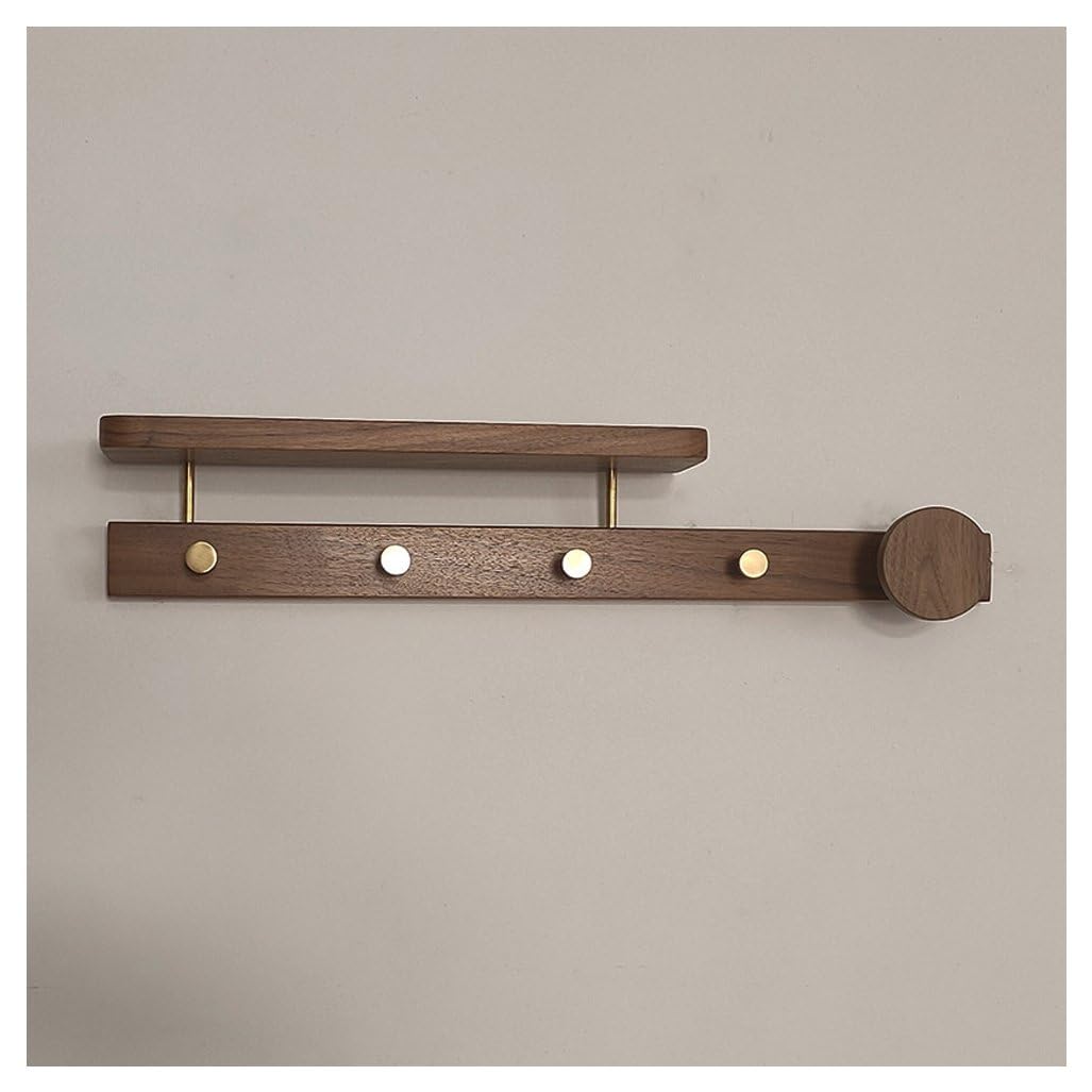 Qpkz Brown Walnut Wood Coat Rack Wall Mount With Shelf, Wall Hooks Entryway Hanging Shelves With Brass Hooks For Clothes Hats Towel Purse Robes, Bathroom Mudroom Bedroom 60Cm