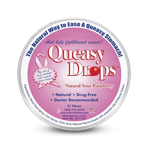 Three Lollies Queasy Drops - Sour Raspberry Flavor - Travel Sickness & Nausea Relief Soothes Stomach & Dry Mouth Natural Ingredients - 21 ct