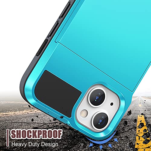 Anuck Case For Iphone 13 Mini Case With Card Holder, Shockproof Heavy Duty Wallet Case [Credit Card Slot][Slide Cover] Anti-Scratch Shell Dual Layer Armor Bumper Protective Phone Case 5.4",Light Blue #TOP5