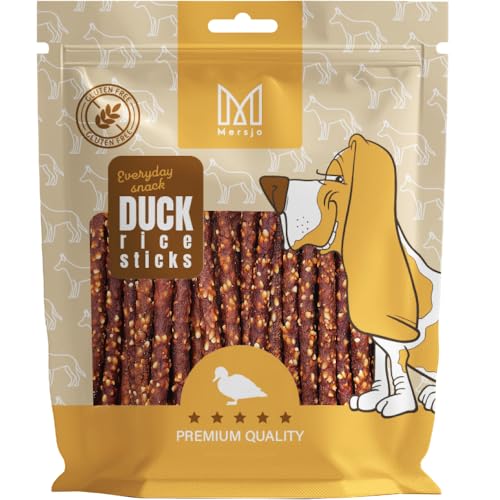 MERSJO Hundeleckerli - 83% Hoher Fleischanteil, Keine Zusatzstoffe, Getreide- und Zuckerfrei, Leckereien für Hunde zur täglichen Ergänzung, Natürliche Kauhilfe, Ente und Reis Kabanos, 500g