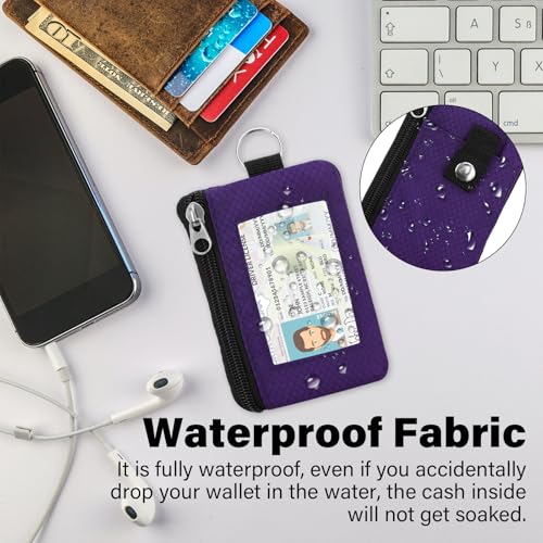 Image of Minimalist RFID Wallet with Lanyard, Multi-functional ID Case with 2 Zipper Pockets and Key Chain for Men and Women, Tactical Badge Pouch Cards Holder, Coin Purse for Travel Sports - Dark Purple